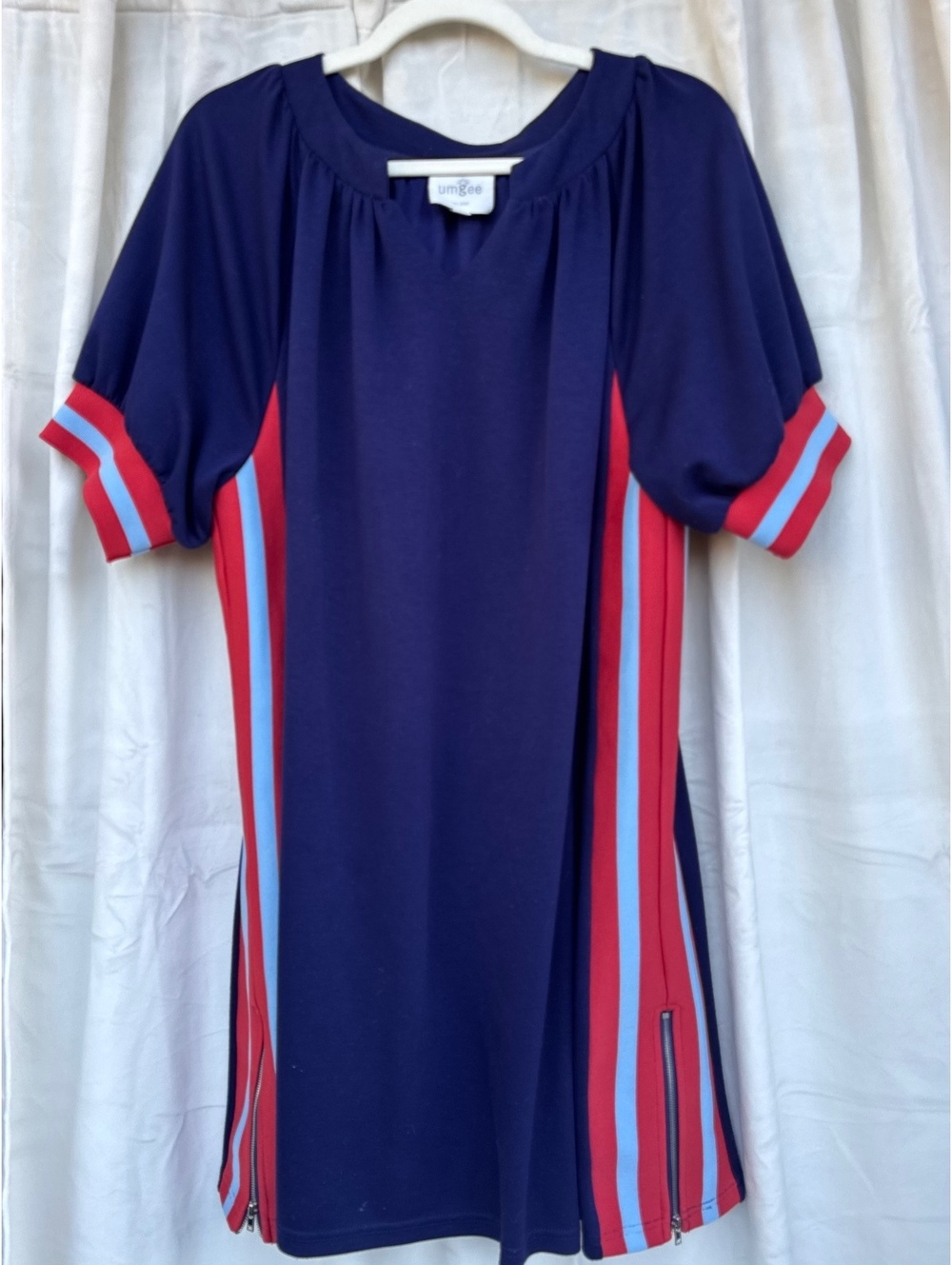 Umgee Navy Blue Dress with Orange & Light Blue Stripes and Zipper Detail, Size L